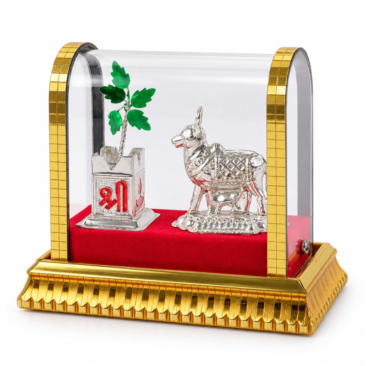 Kamdhenu Cow Idol Set – Silver-Plated Pooja Decor with Tulsi Plant