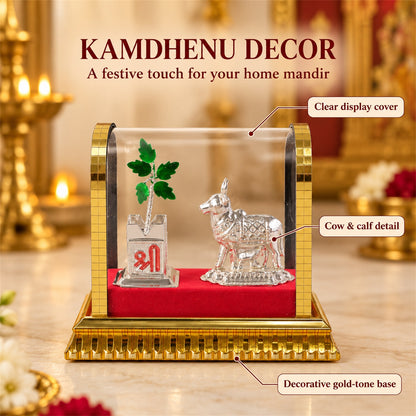 Kamdhenu Cow Idol Set – Silver-Plated Pooja Decor with Tulsi Plant
