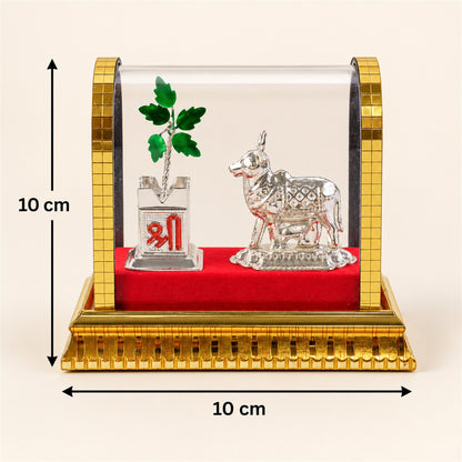 Kamdhenu Cow Idol Set – Silver-Plated Pooja Decor with Tulsi Plant