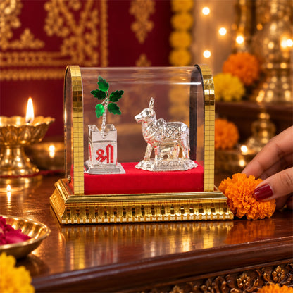 Kamdhenu Cow Idol Set – Silver-Plated Pooja Decor with Tulsi Plant