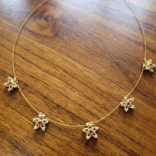 Minimalist gold chain necklace with red & white floral star stones