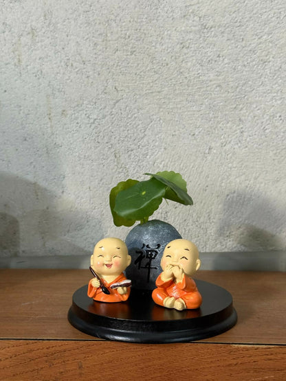 Cute Zen Monk Couple with Mini Planter Decorative Showpiece (ANY COLOR)