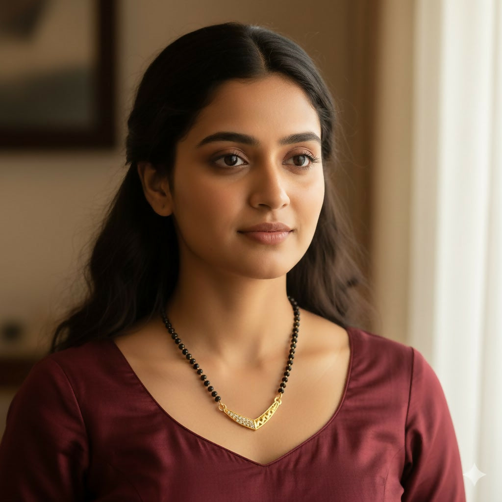 Gold Plated V-Shape Mangalsutra with Black Beads