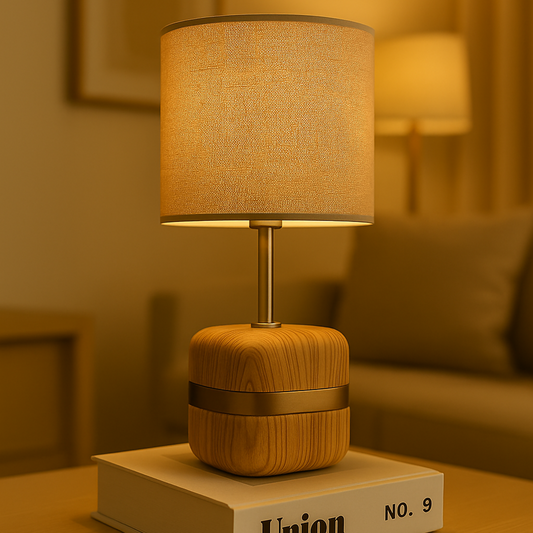 Modern Wooden Base Table Lamp with Warm Fabric Shade | Minimalist Bedside & Living Room Night Lamp | Golden Accent Decorative Lighting