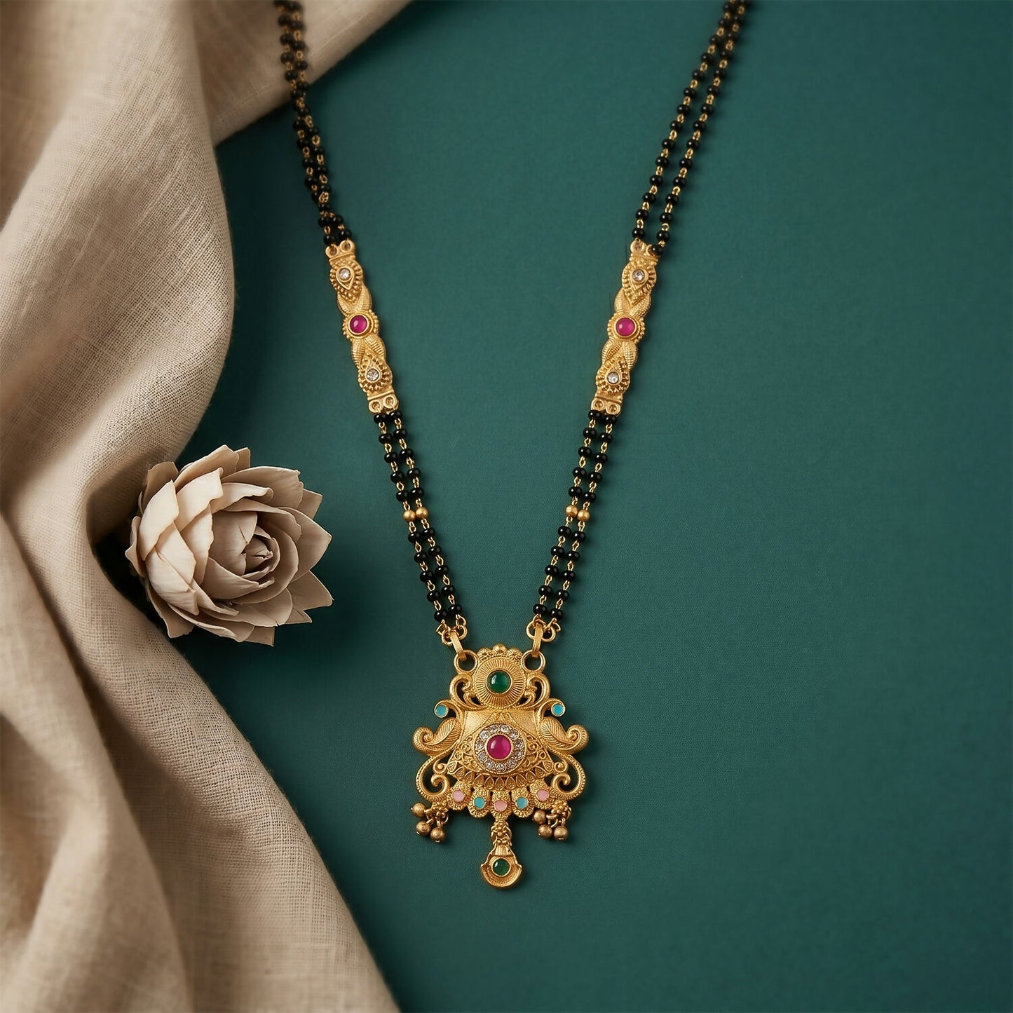 Antique Finish Sunburst Filigree Pendant with Rainbow Bead Cascade Double Strand Mangalsutra