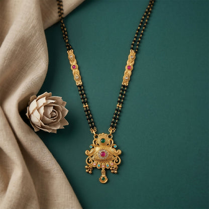 Antique Finish Sunburst Filigree Pendant with Rainbow Bead Cascade Double Strand Mangalsutra