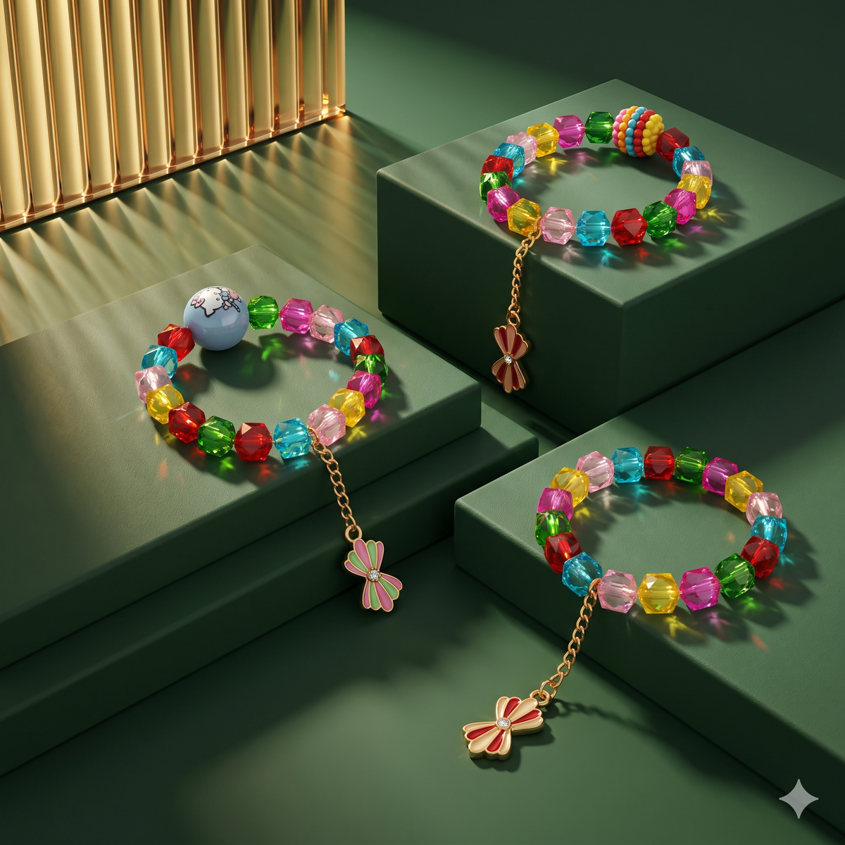 Three colorful beaded bracelets with bow charms are displayed on dark green pedestals, casting shadows.