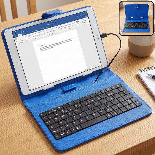 A blue PU leather case holds a tablet displaying a document, with a black wired keyboard attached.