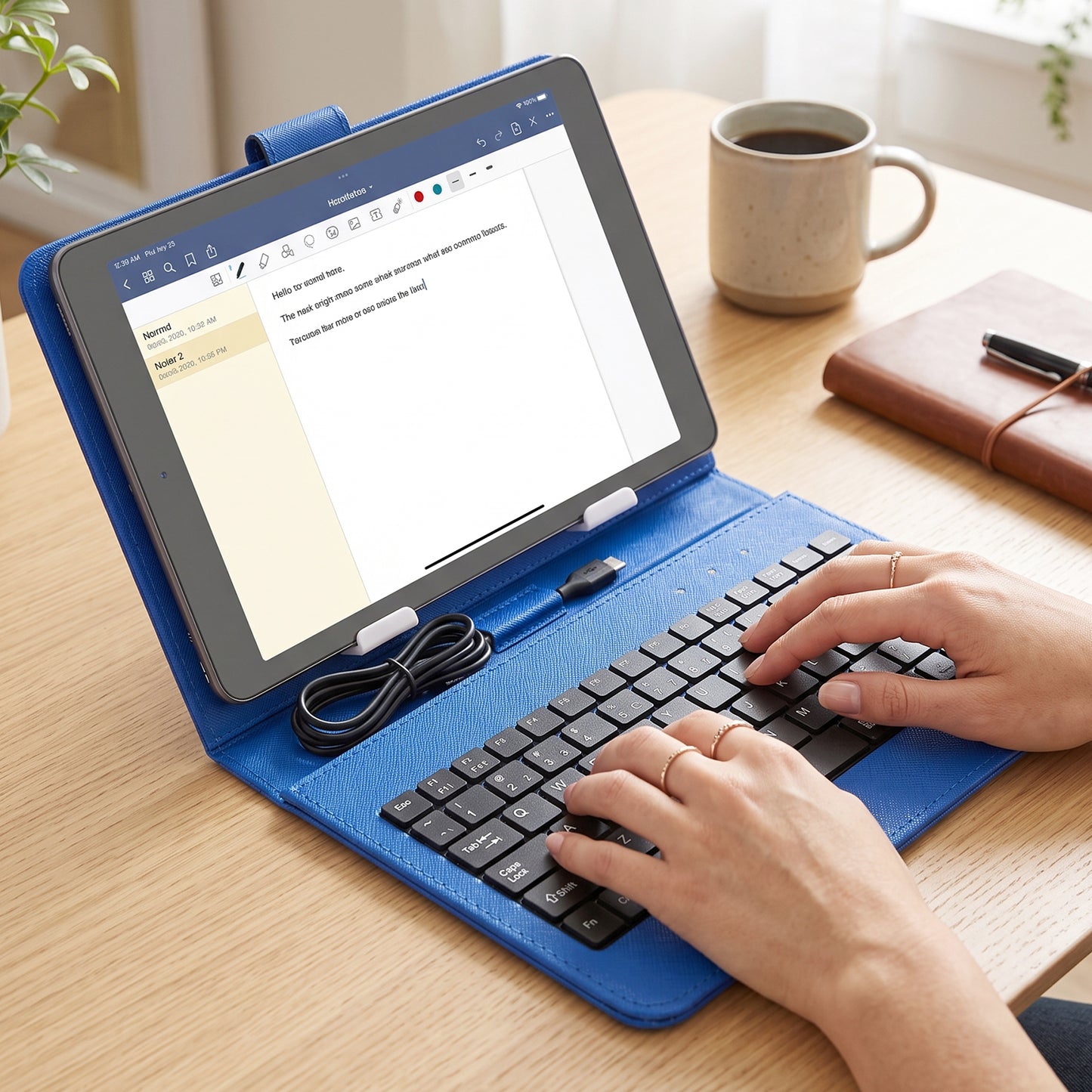 Hands type on a black wired keyboard, connected to a tablet in a blue PU leather case, on a wooden desk.