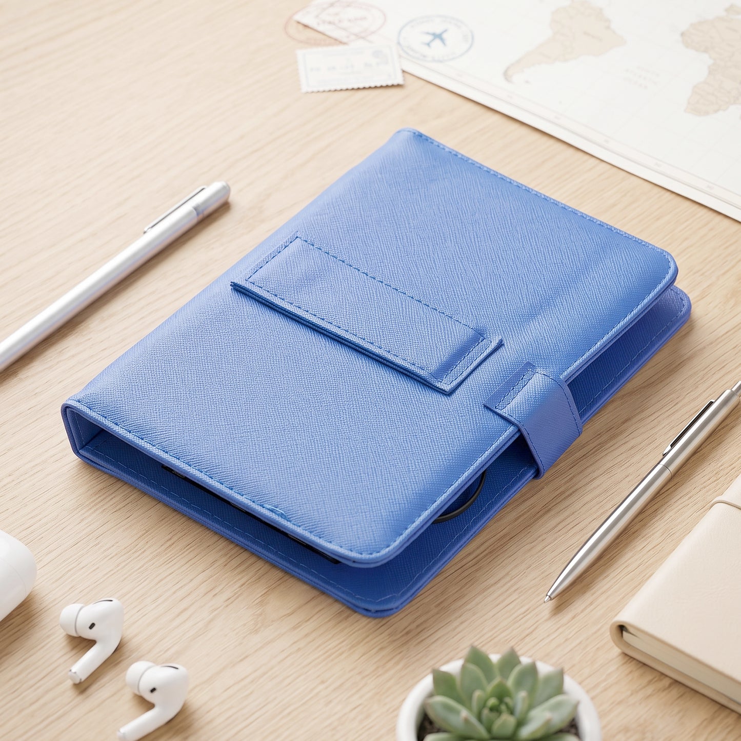 A closed blue PU leather tablet case with a magnetic flap rests on a wooden table with pens and earbuds.