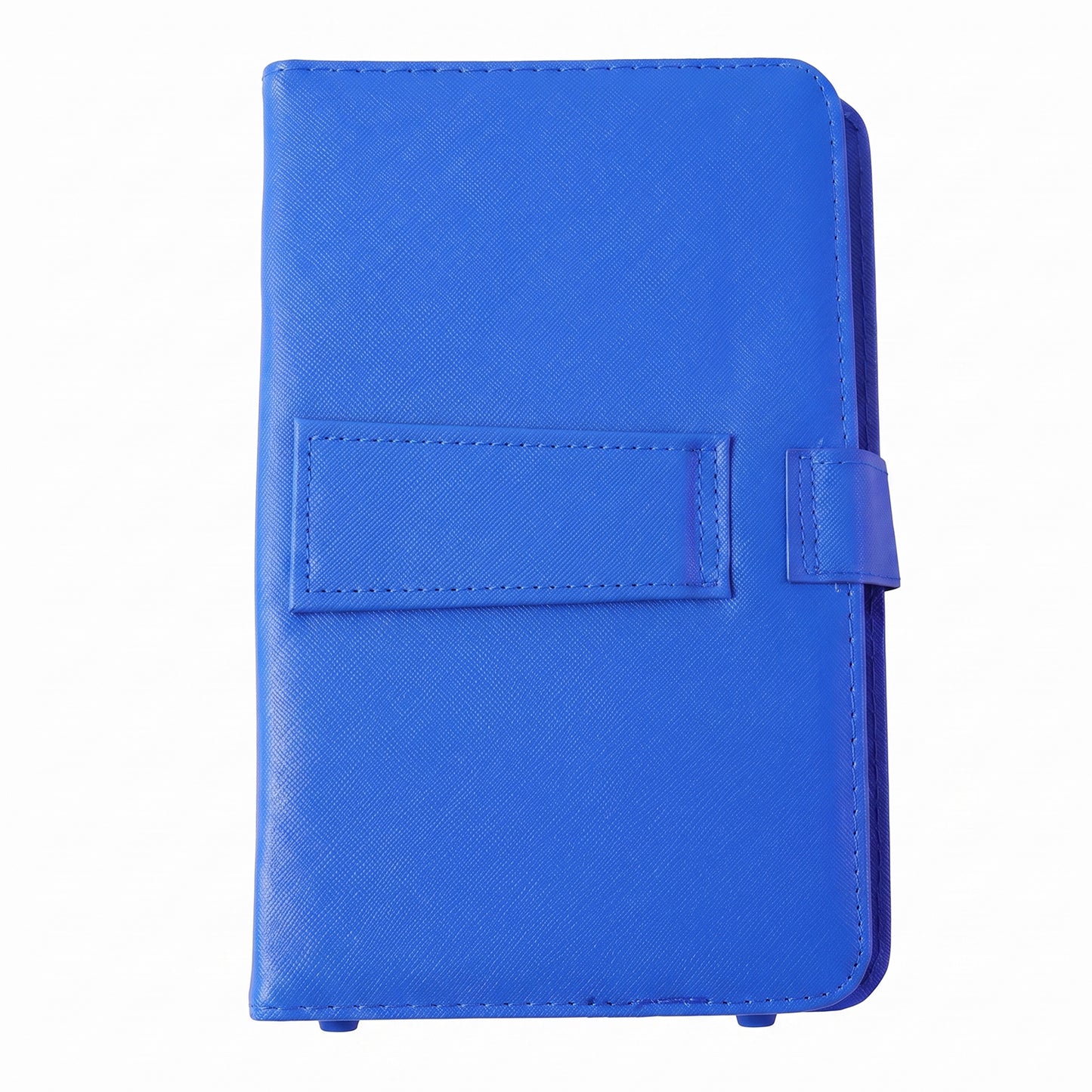 The closed blue PU leather tablet case is centered on a white background, showing its textured surface.