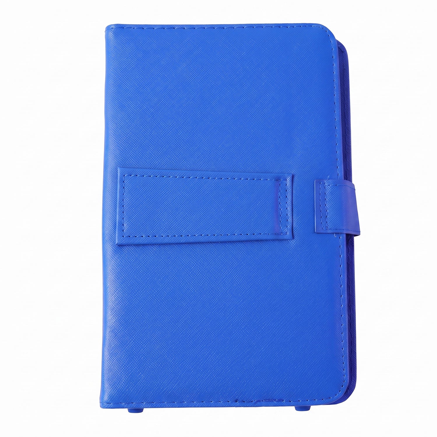 The closed blue PU leather tablet case is centered on a white background, showing its textured surface.
