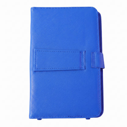 The closed blue PU leather tablet case is centered on a white background, showing its textured surface.
