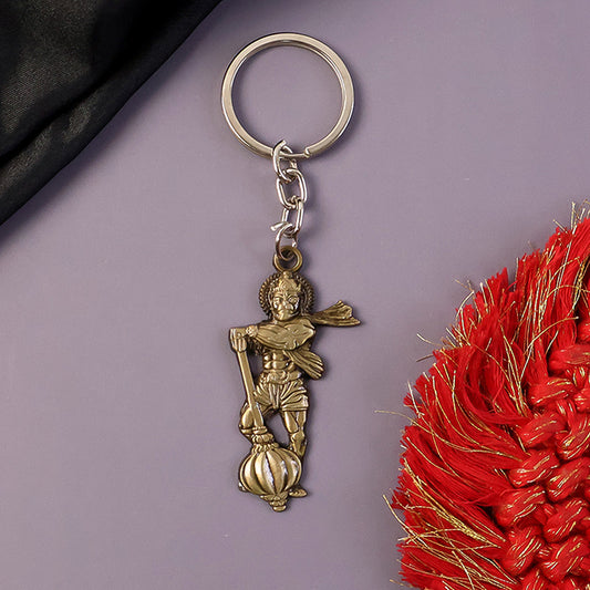 Hanuman Ji With Gada Religious Keychain – Antique Finish Devotional Key Ring