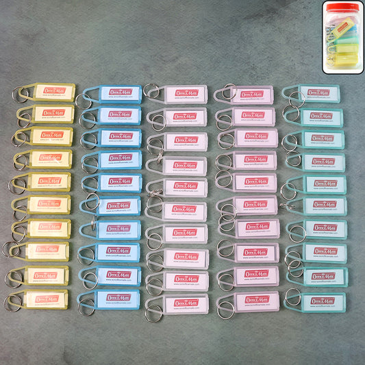 Office Mate Key Tag Jar – 50 Pieces Assorted Colour Keychains with Writeable Labels