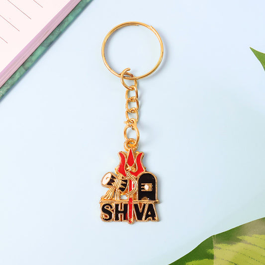 Detailed Golden Shiva Symbol Keychain with Trishul, Damru and Shivling