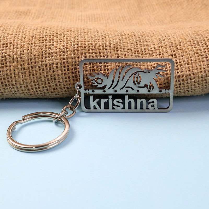 Stylish Krishna Cutout Metal Keychain – Divine Rectangular Design Key Ring