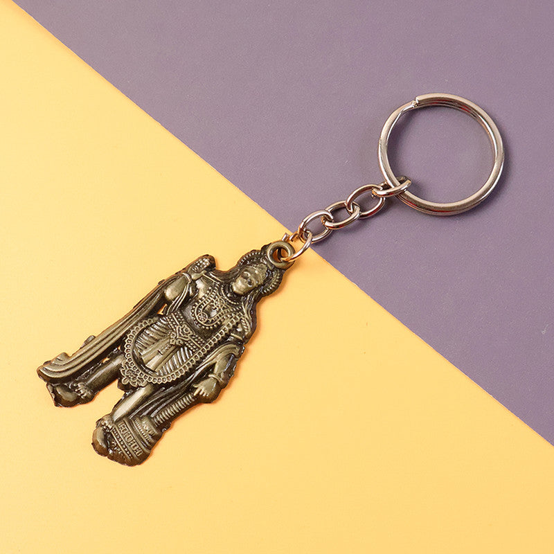 Detailed close-up of devotional Hanuman metal keychain with durable build