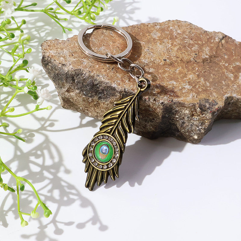 Stylish Mor Pankh (Peacock Feather) Metal Keychain – Elegant Crystal Accent Key Ring