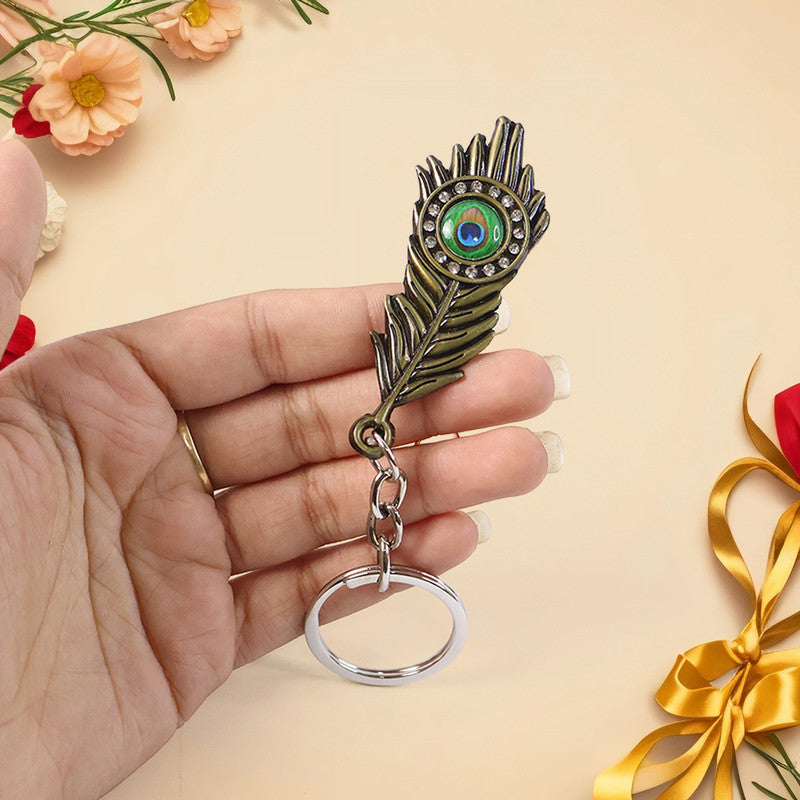 Stylish Mor Pankh (Peacock Feather) Metal Keychain – Elegant Crystal Accent Key Ring