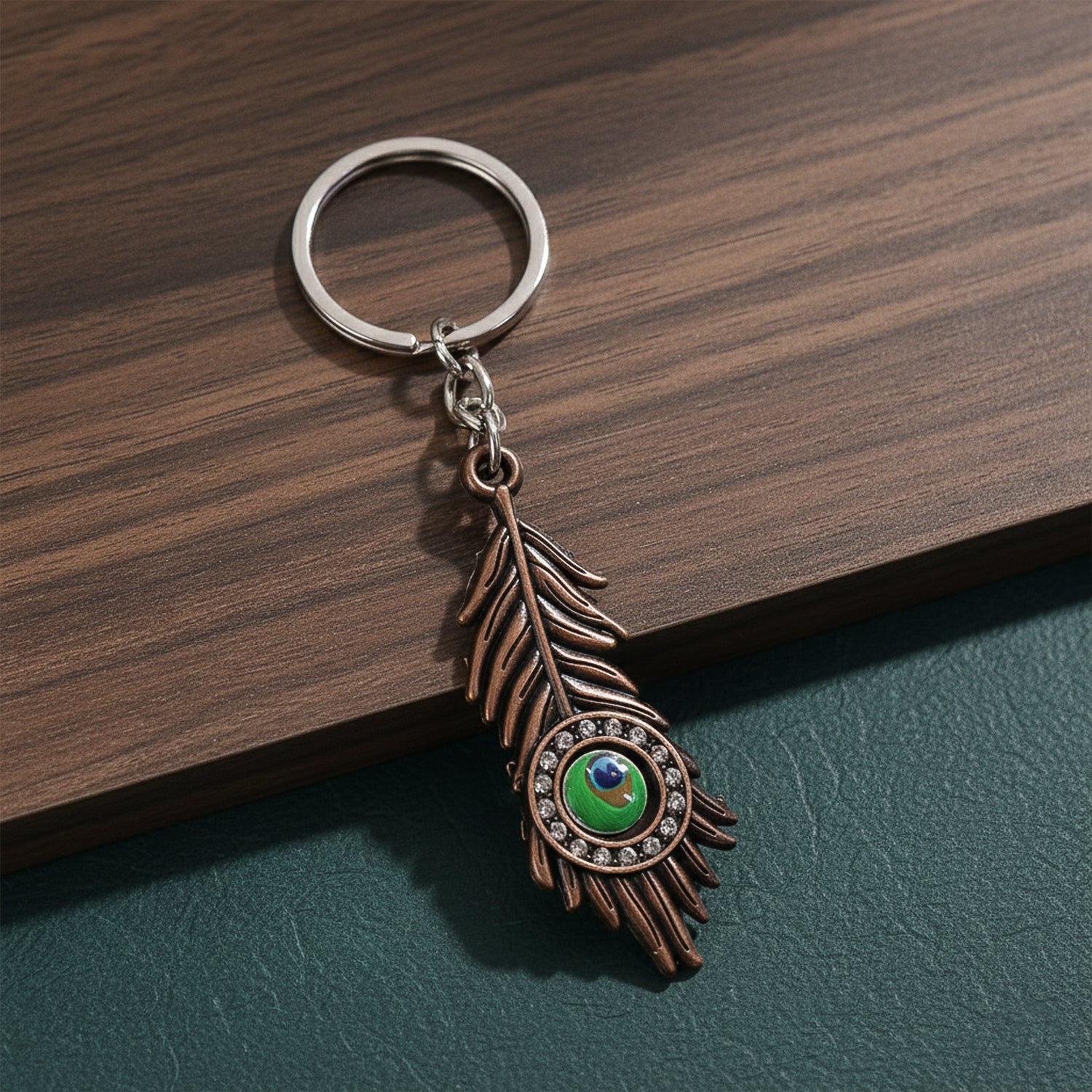Stylish Mor Pankh (Peacock Feather) Metal Keychain – Elegant Crystal Accent Key Ring (Mix Color) (1 Pc)