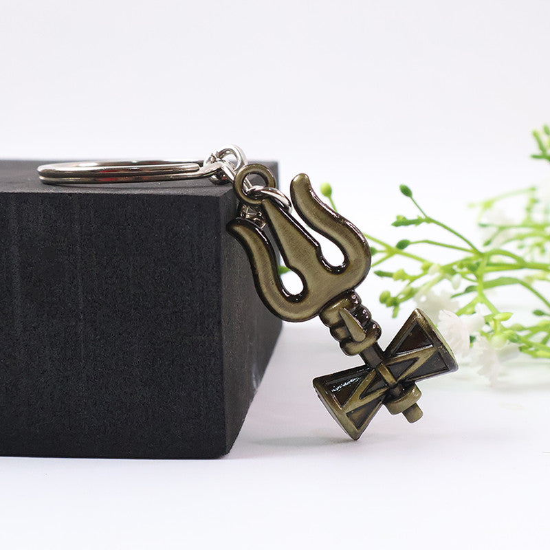 Stylish Trishul Damru Metal Keychain – Antique Finish Divine Shiv Key Ring