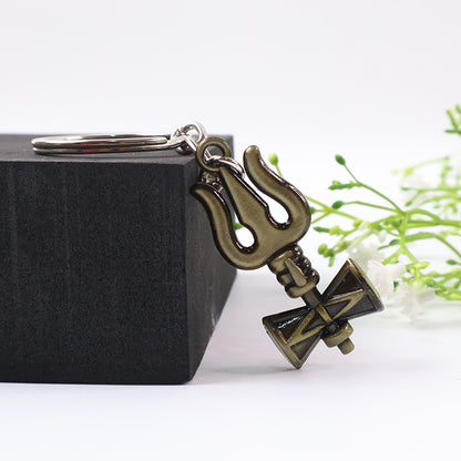 Stylish Trishul Damru Metal Keychain – Antique Finish Divine Shiv Key Ring