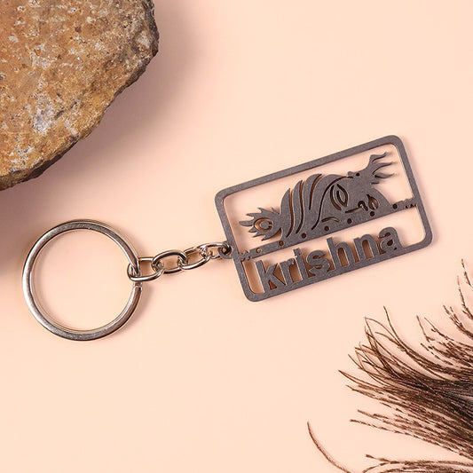 Stylish Krishna Cutout Metal Keychain – Divine Rectangular Design Key Ring