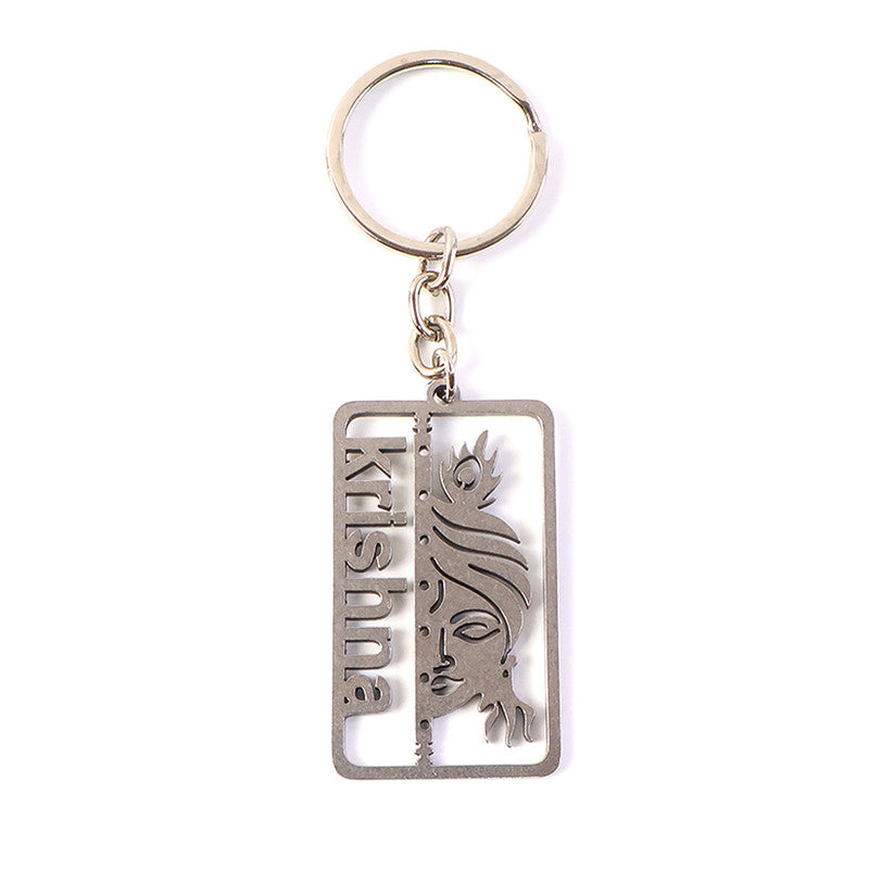 Krishna Face Engraved Metal Keychain – Rectangular Divine Design