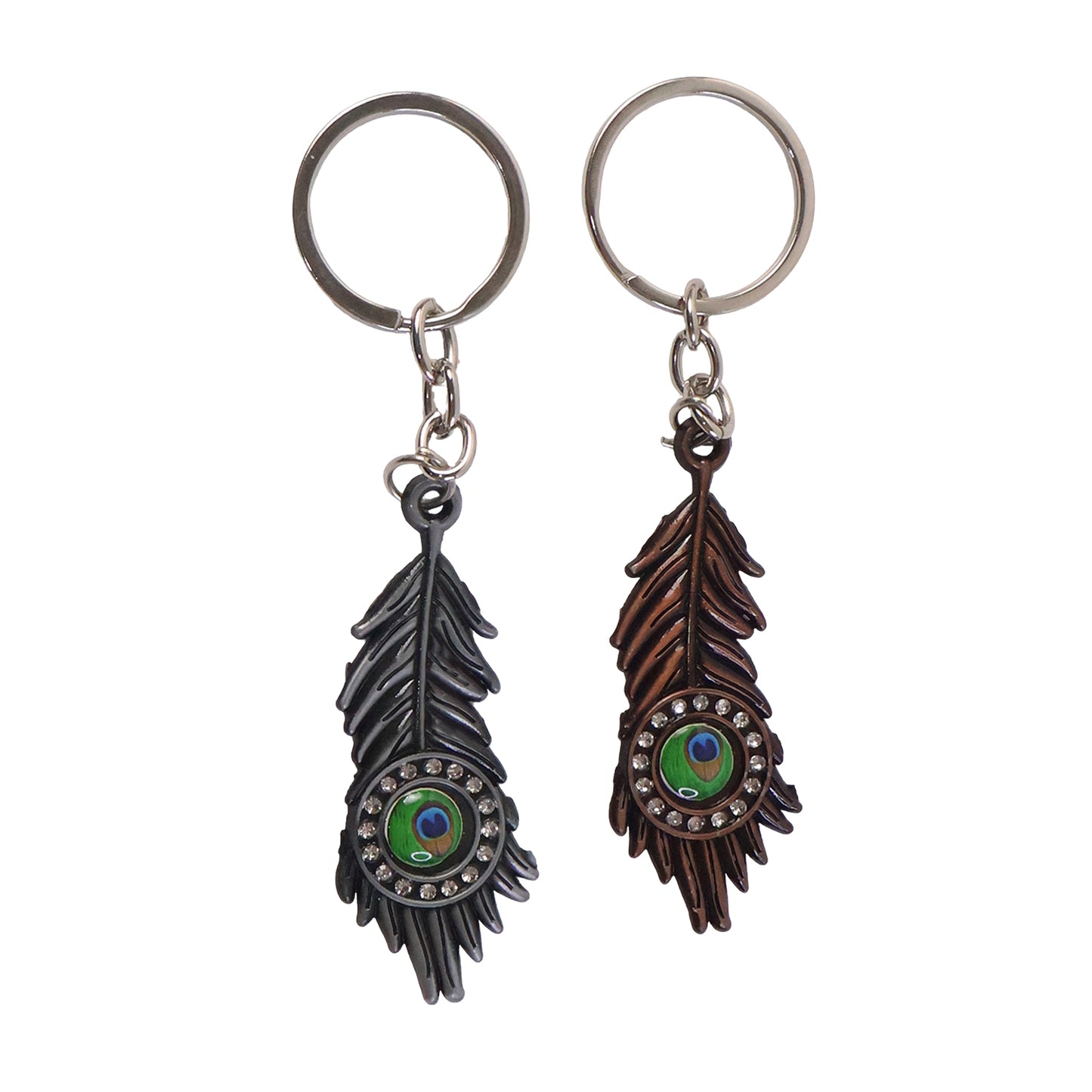 Stylish Mor Pankh (Peacock Feather) Metal Keychain – Elegant Crystal Accent Key Ring (Mix Color) (1 Pc)