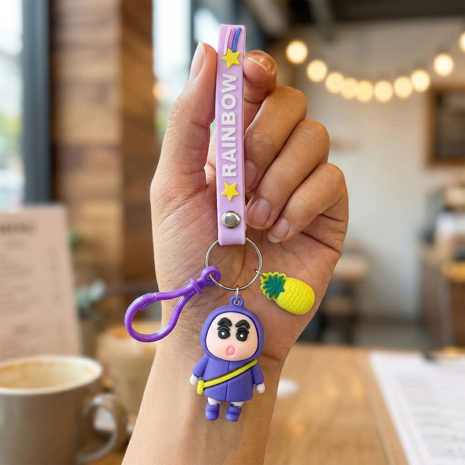 cute cartoon doll keychain with strap and pineapple charm