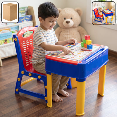 A young boy sits at a blue and red plastic study table with yellow legs, playing with alphabet blocks.