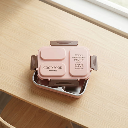 Top view of lunch box with three compartments