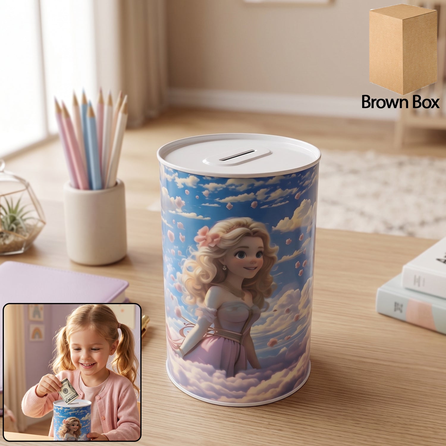 Cartoon Princess Metal Coin Saving Box front view