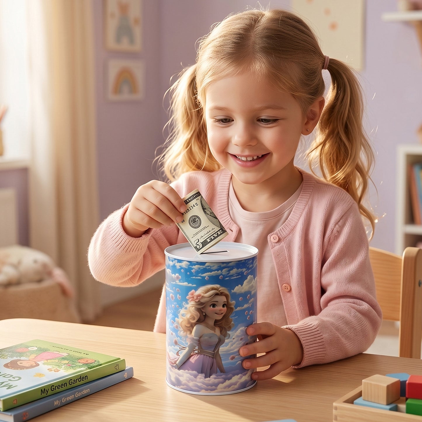 Close-up of coin slot on Cartoon Princess Metal Coin Saving Box