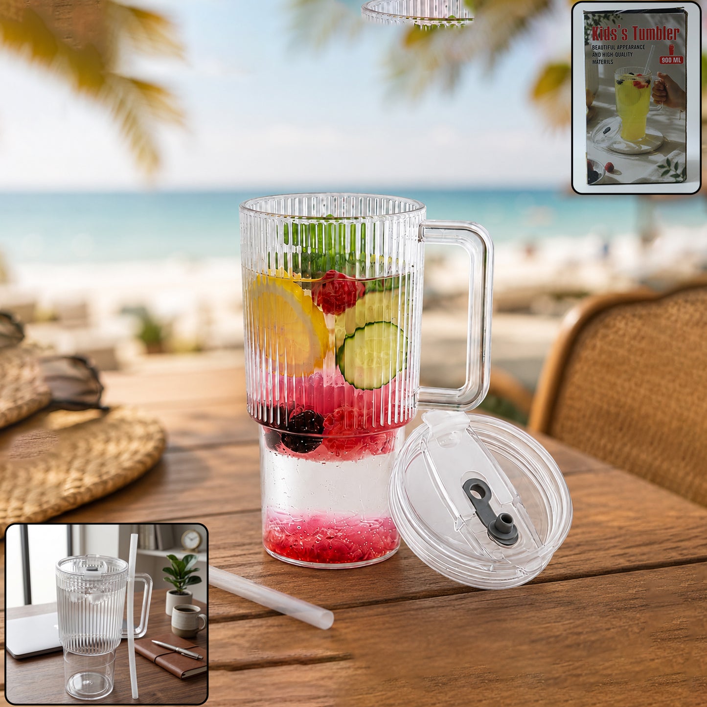 Kids Tumbler 900ml with Handle Lid and Straw Ribbed Water Sipper Cup (1 Pc)