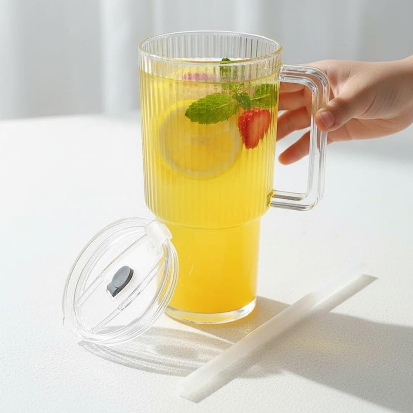 Kids Tumbler 900ml with Handle Lid and Straw Ribbed Water Sipper Cup (1 Pc)
