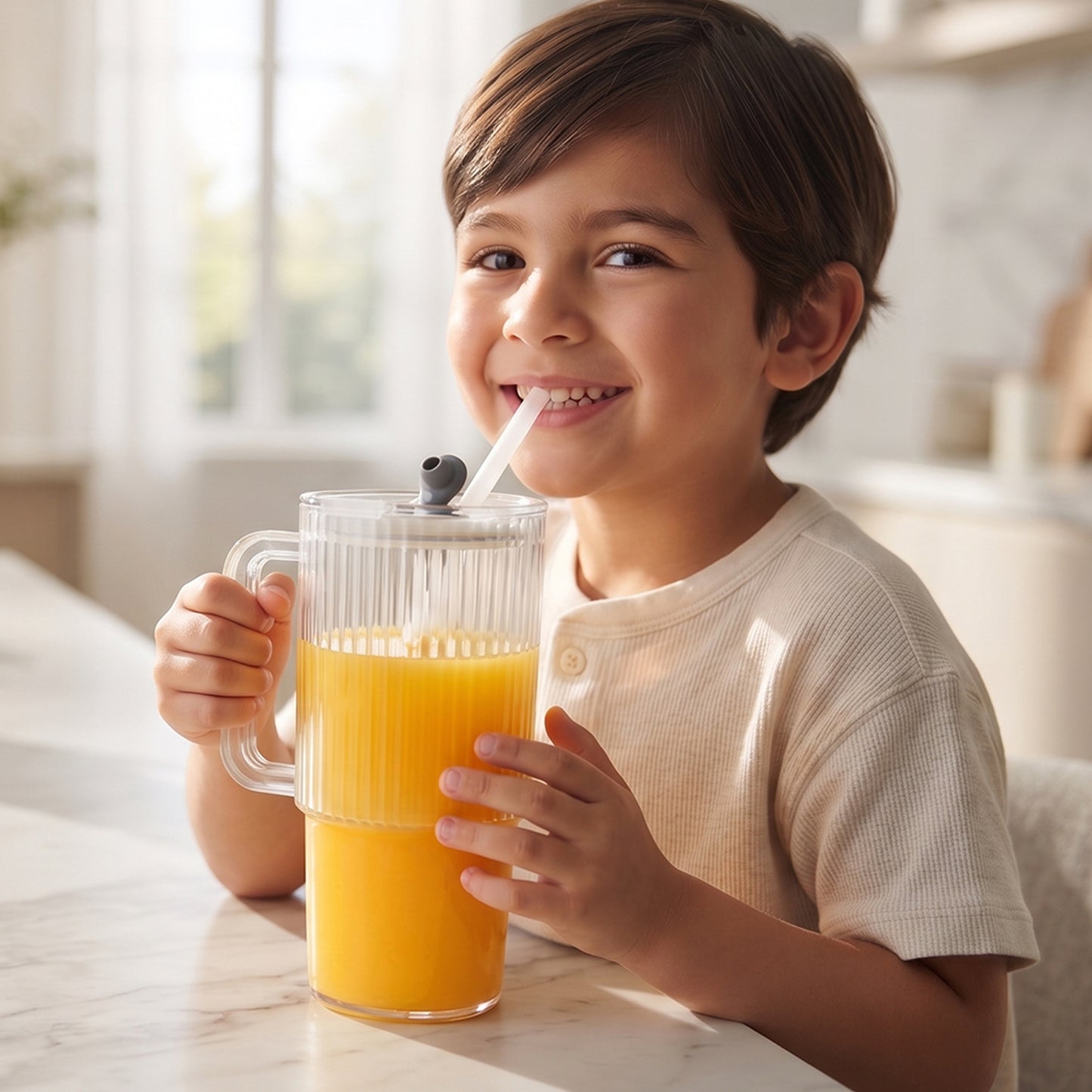 Kids Tumbler 900ml with Handle Lid and Straw Ribbed Water Sipper Cup (1 Pc)