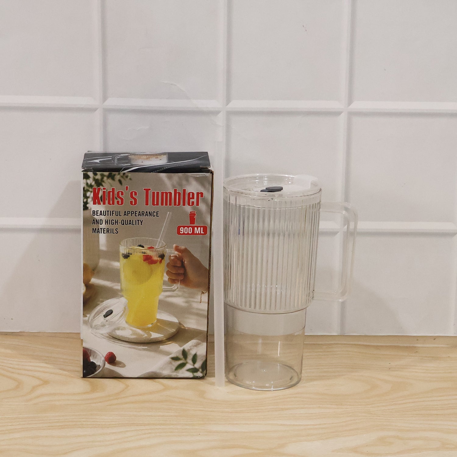 Kids Tumbler 900ml with Handle Lid and Straw Ribbed Water Sipper Cup (1 Pc)