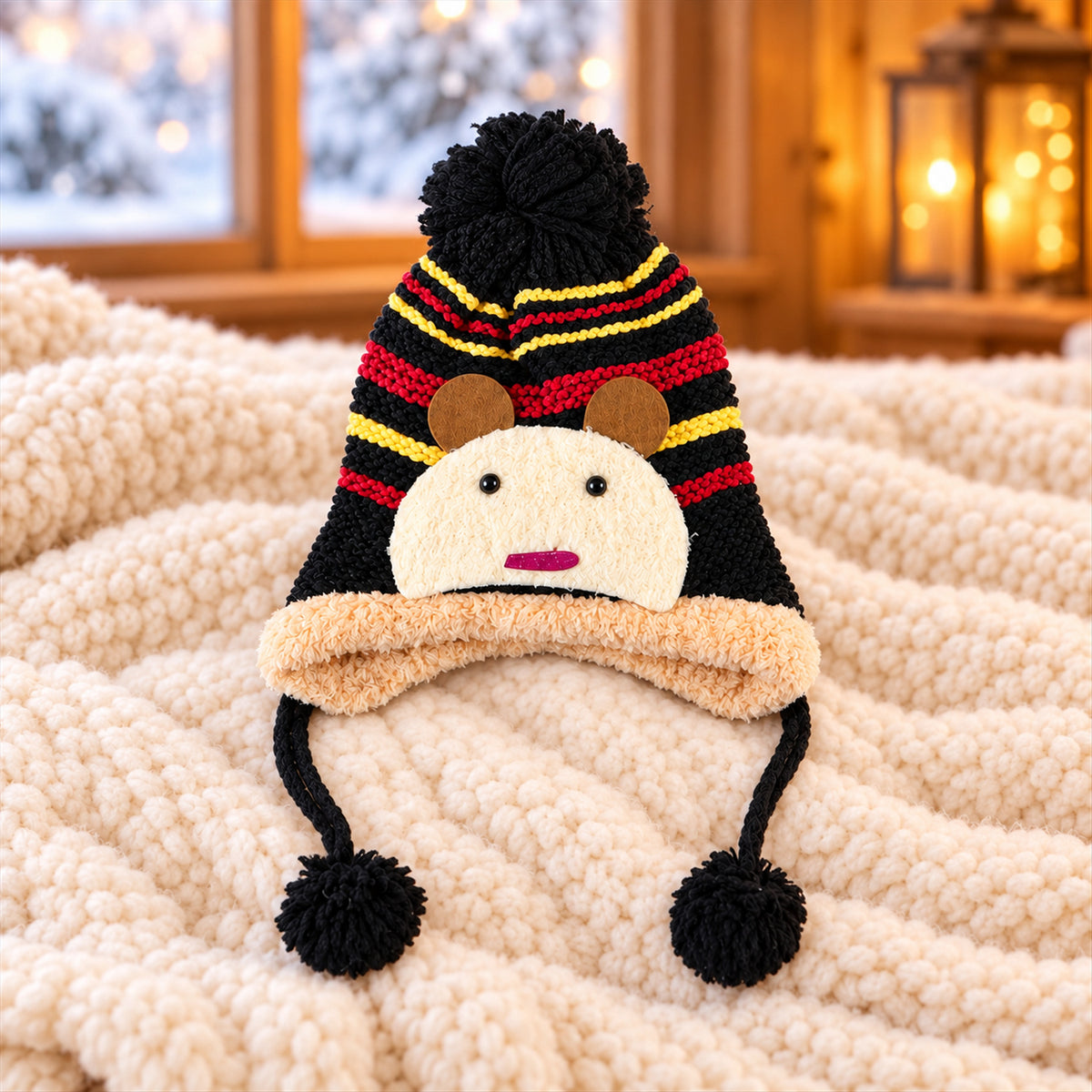 Kids Warm Knitted Winter Caps with Plush Lining and Cartoon Detail (1 Pc)