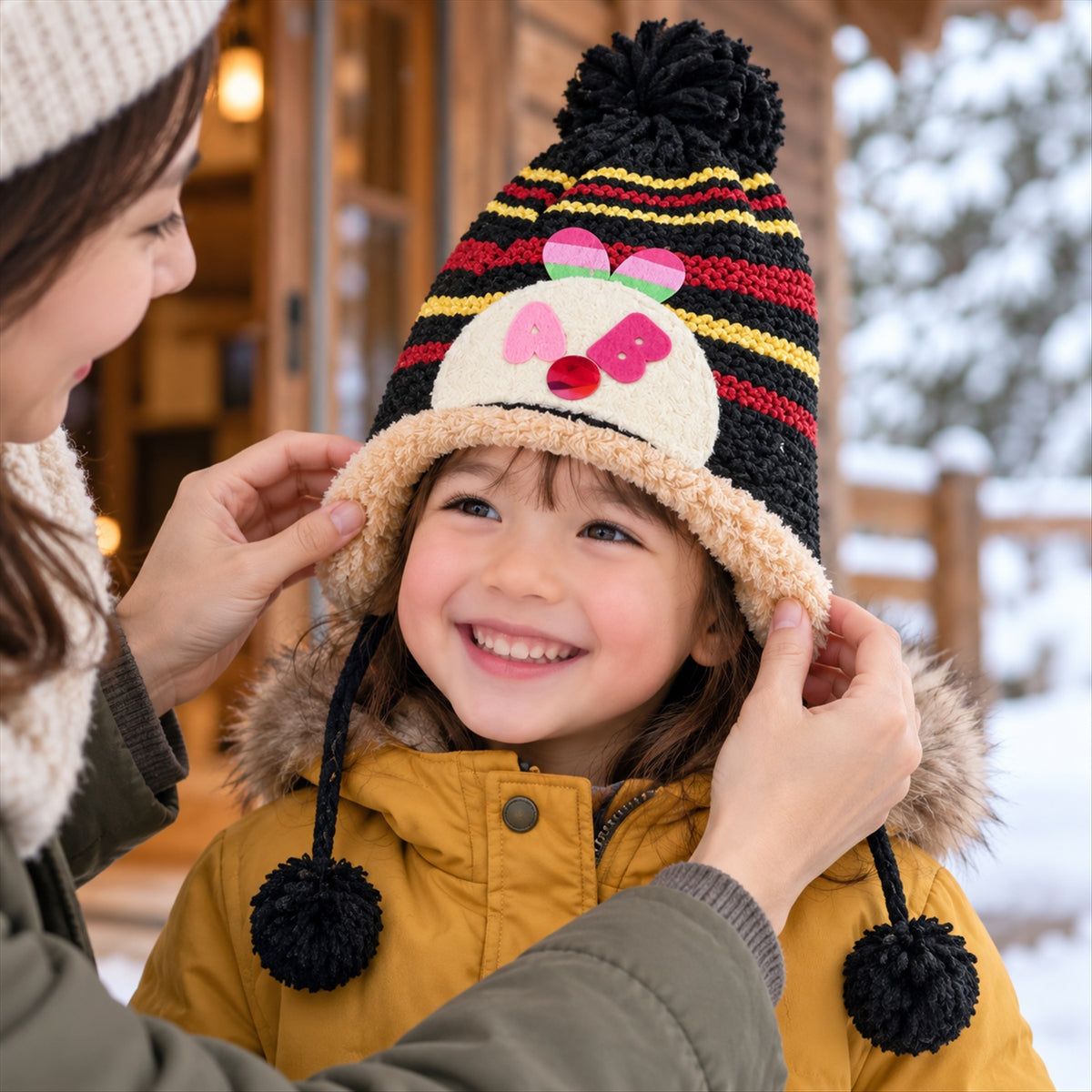Kids Warm Knitted Winter Caps with Plush Lining and Cartoon Detail (1 Pc)