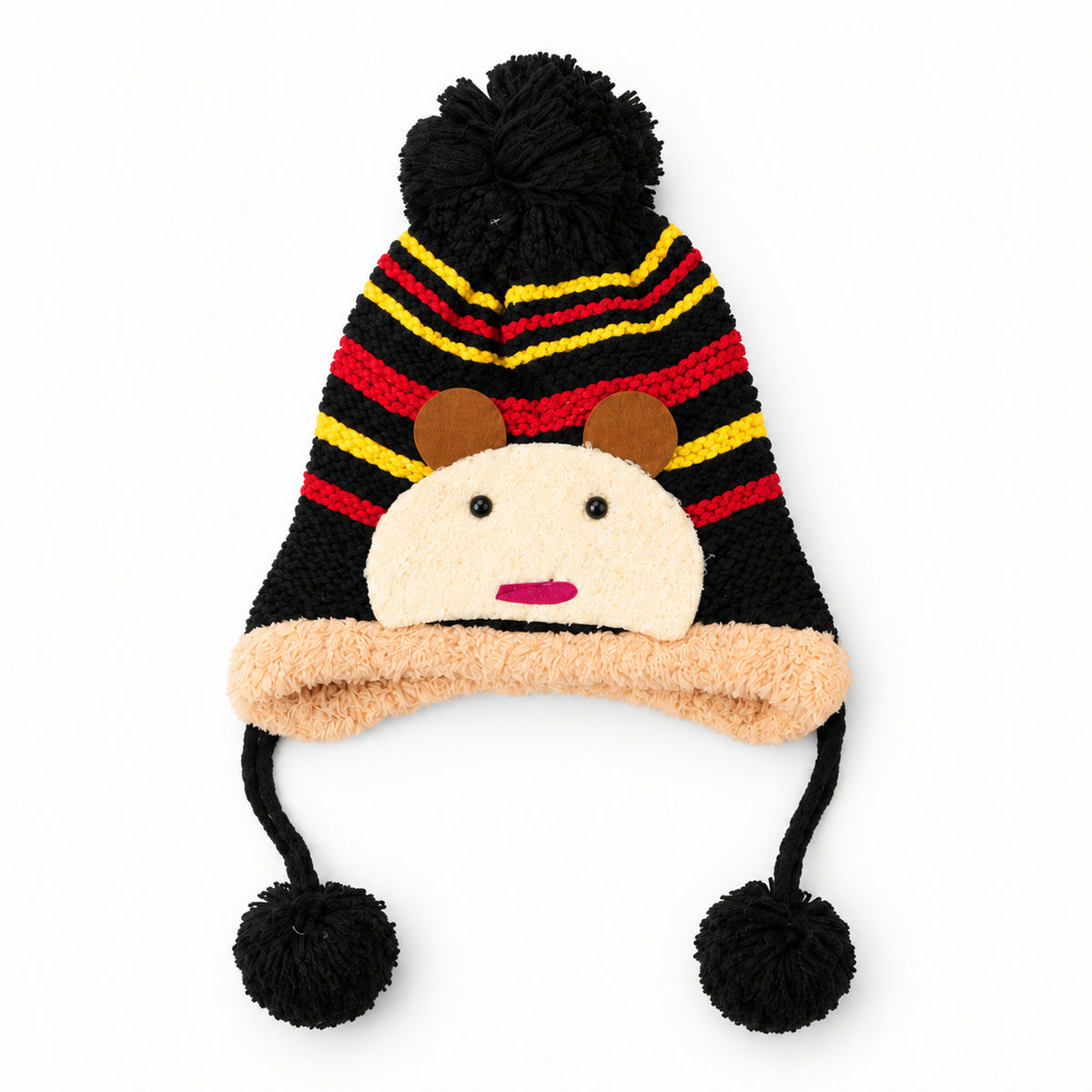 Kids Warm Knitted Winter Caps with Plush Lining and Cartoon Detail (1 Pc)