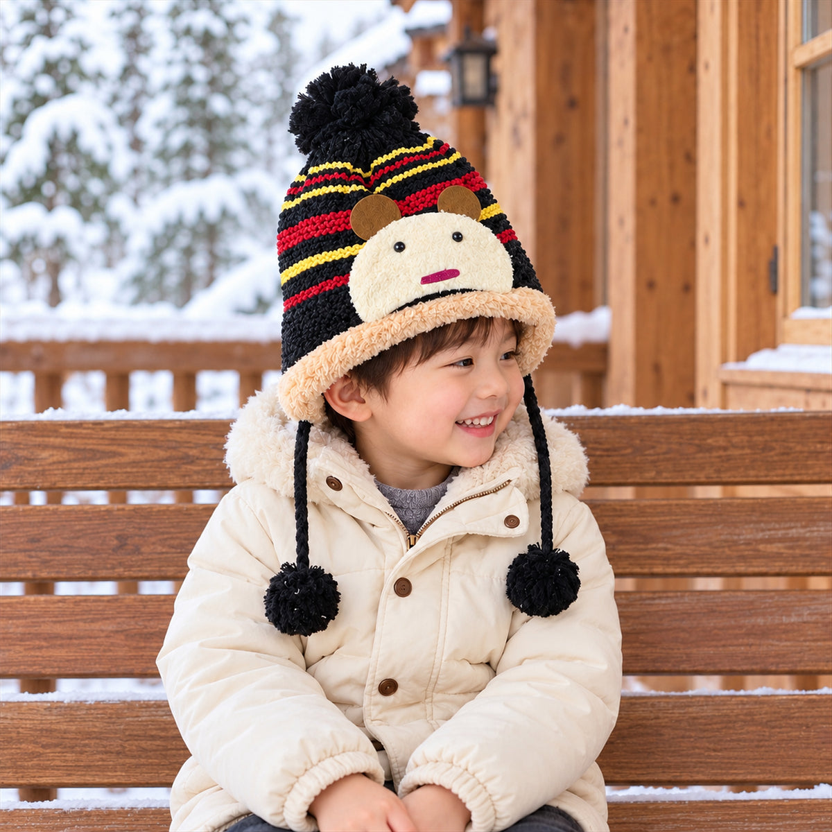 Kids Warm Knitted Winter Caps with Plush Lining and Cartoon Detail (1 Pc)