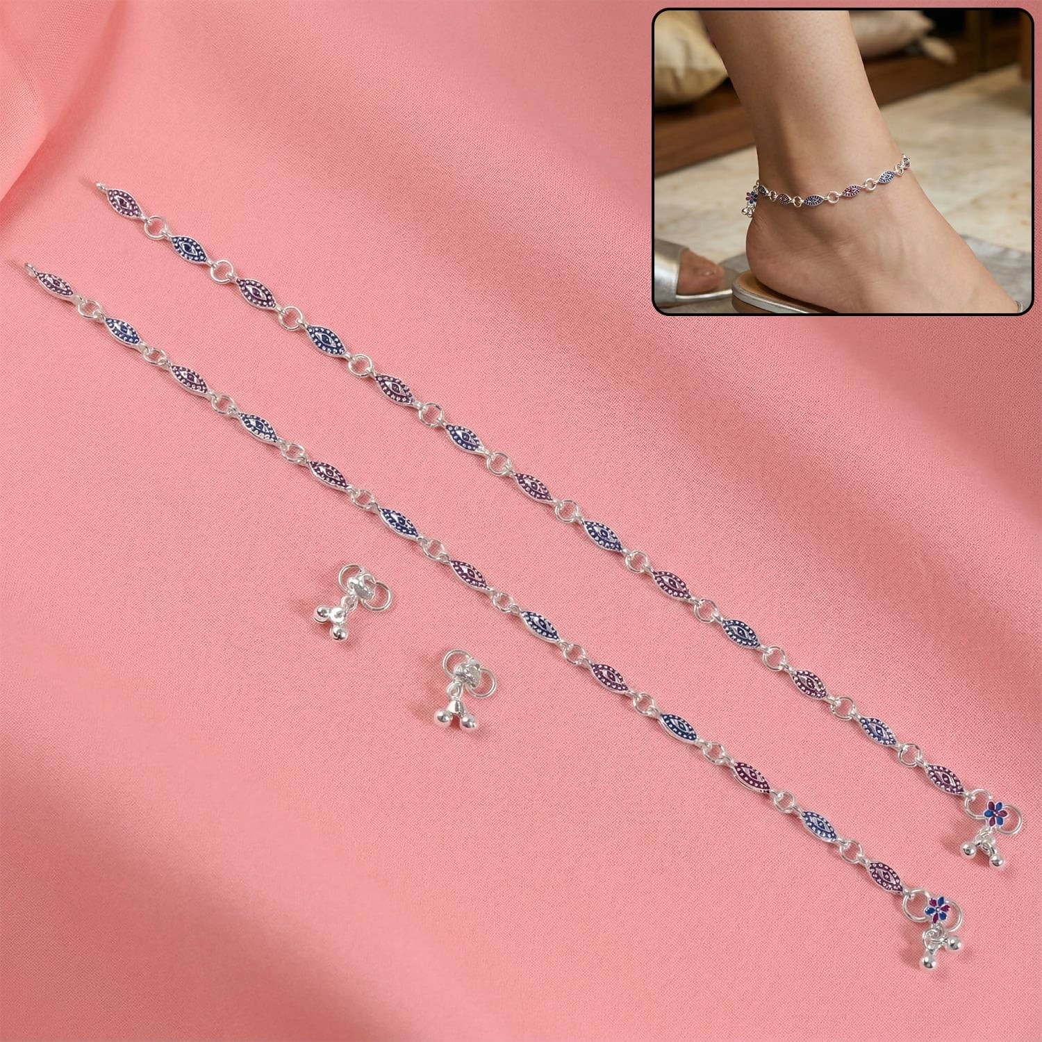 Elegant Silver Enamel Leaf Anklet Pair with Floral Charm