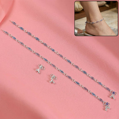 Elegant Silver Enamel Leaf Anklet Pair with Floral Charm