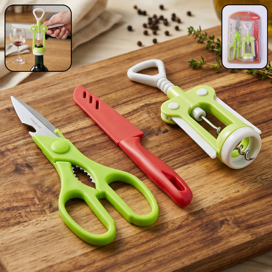 3 Pc Set Kitchen Tool Kit – Wine Bottle Opener, Knife, and Scissors Set