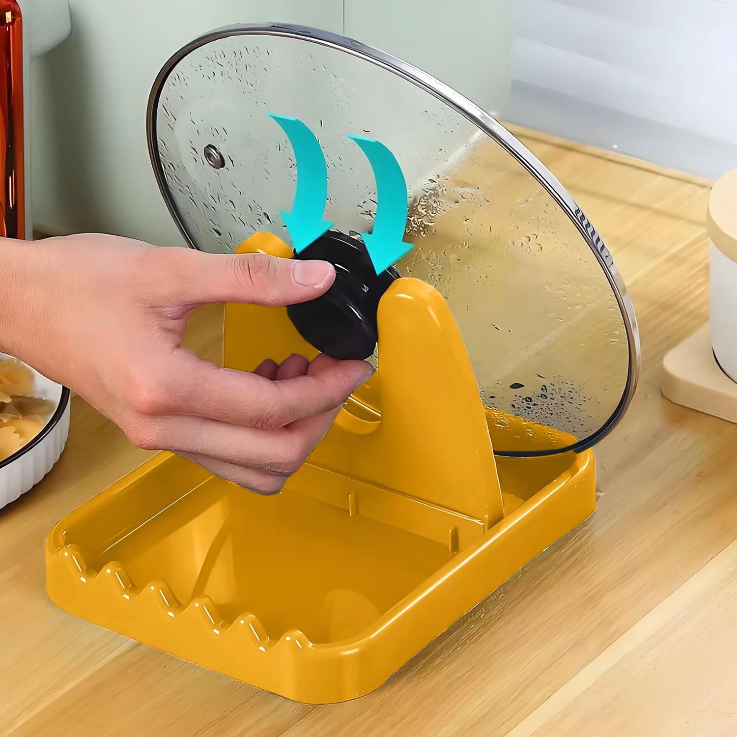 Close-up of kitchen lid and utensil holder stand