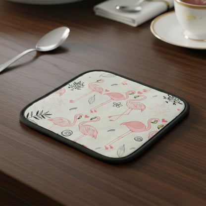 Printed pot holder mat in use in kitchen