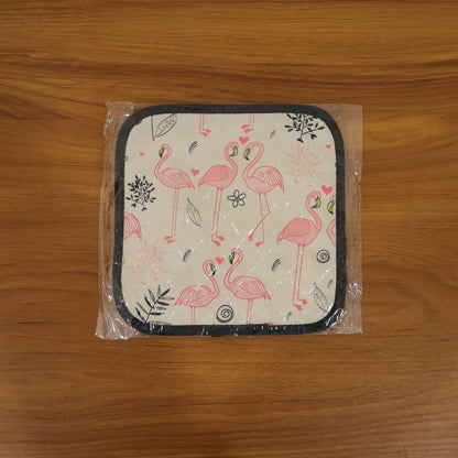 Printed heat resistant kitchen pot holder mat in use
