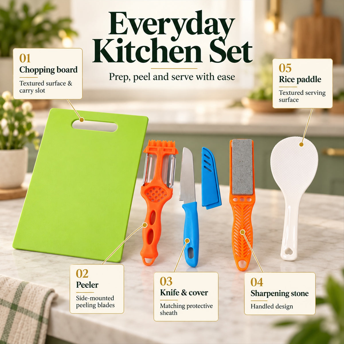 Design details of chopping board knife set.